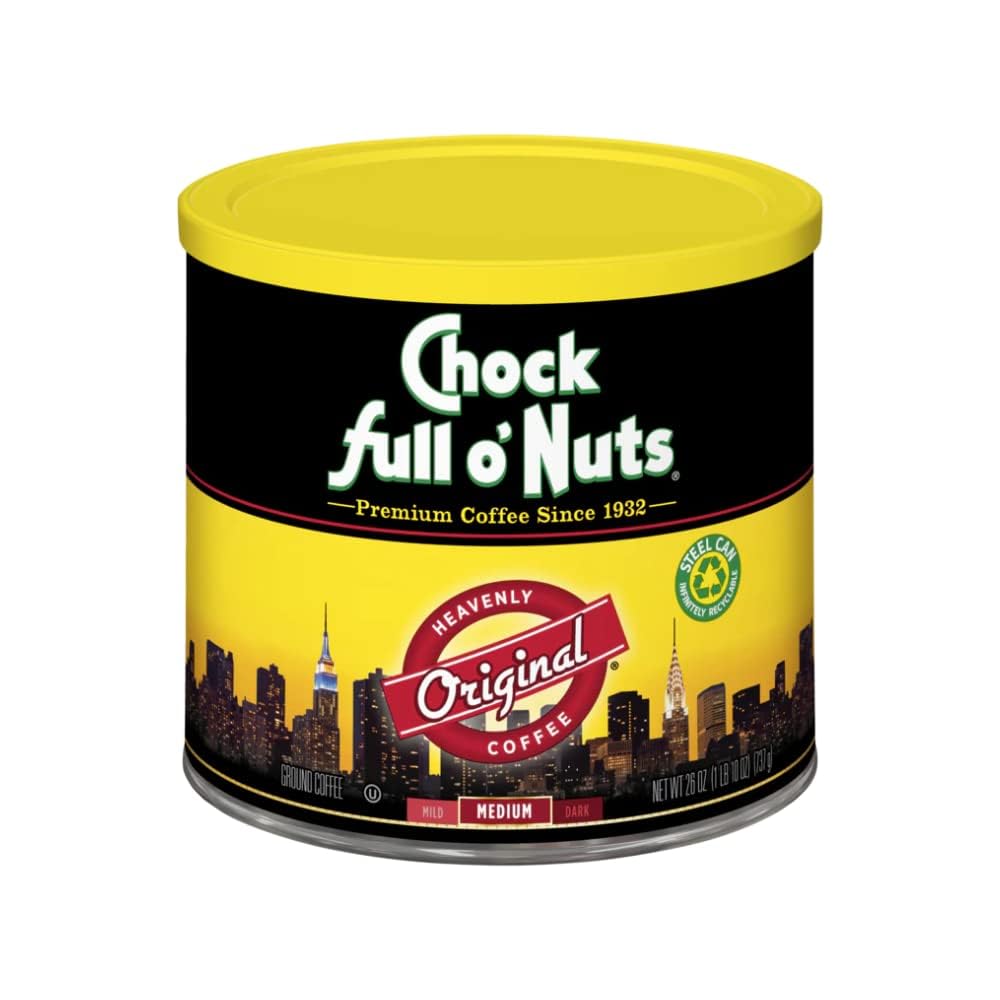 Chock Full o' Nuts New York Roast Ground Coffee – Premium Beans in Recyclable Steel Can – Rich Flavor & Aroma, Dark Roast – Perfect for Drip, Pour-Over, Percolator – 30.5 Oz Can