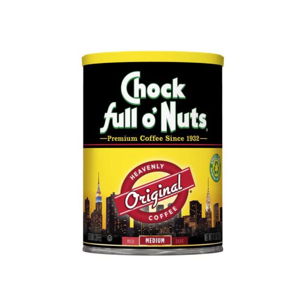 Chock Full o' Nuts New York Roast Ground Coffee – Premium Beans in Recyclable Steel Can – Rich Flavor & Aroma, Dark Roast – Perfect for Drip, Pour-Over, Percolator – 30.5 Oz Can