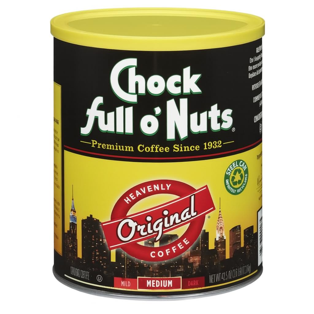 Chock Full o' Nuts New York Roast Ground Coffee – Premium Beans in Recyclable Steel Can – Rich Flavor & Aroma, Dark Roast – Perfect for Drip, Pour-Over, Percolator – 30.5 Oz Can