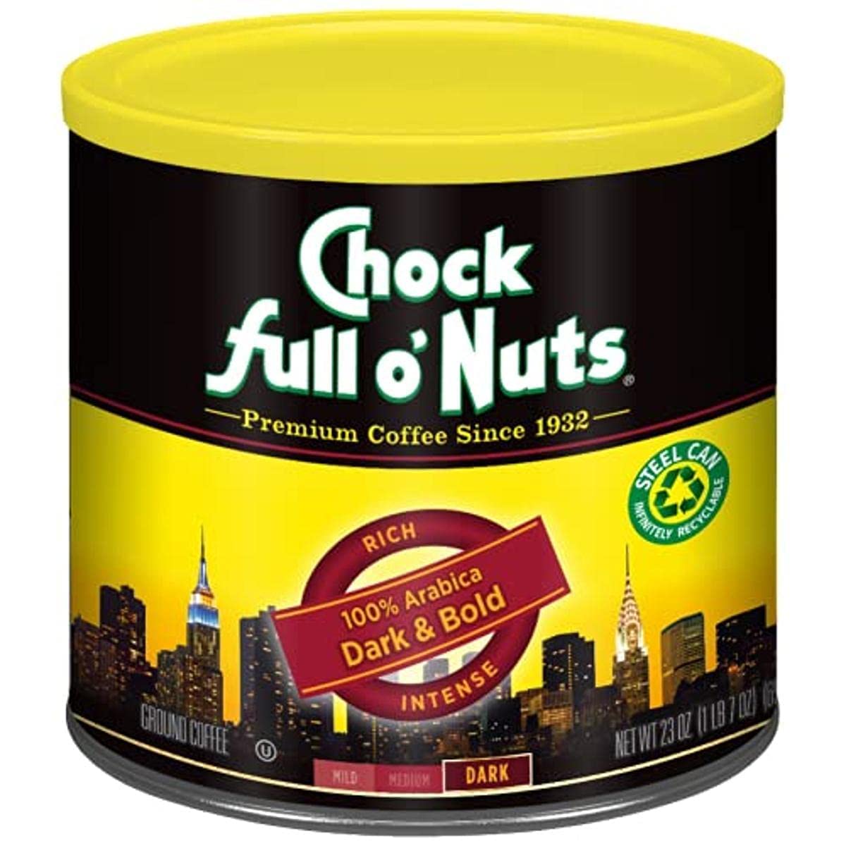 Chock Full o' Nuts New York Roast Ground Coffee – Premium Beans in Recyclable Steel Can – Rich Flavor & Aroma, Dark Roast – Perfect for Drip, Pour-Over, Percolator – 30.5 Oz Can