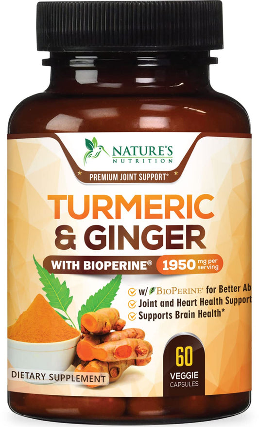 Turmeric Curcumin Supplement 1950mg - 95% Curcuminoids with Organic Turmeric & Ginger, BioPerine Black Pepper for Best Absorption, Nature's Vegan Joint Support, Non-GMO, Bottled in USA - 240 Capsules