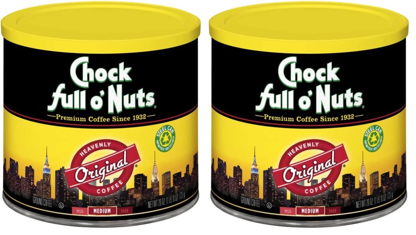 Chock Full o' Nuts New York Roast Ground Coffee – Premium Beans in Recyclable Steel Can – Rich Flavor & Aroma, Dark Roast – Perfect for Drip, Pour-Over, Percolator – 30.5 Oz Can