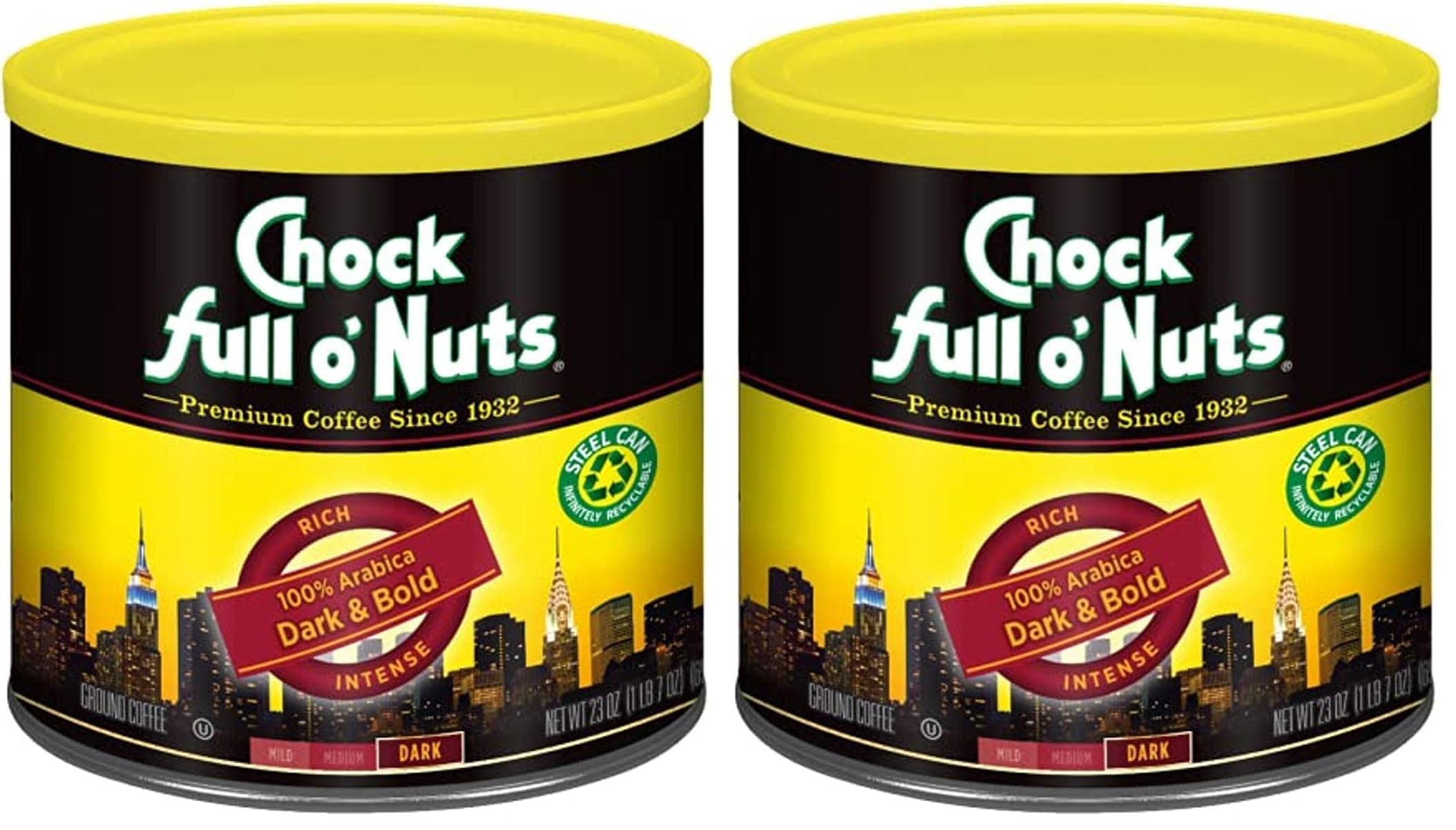 Chock Full o' Nuts New York Roast Ground Coffee – Premium Beans in Recyclable Steel Can – Rich Flavor & Aroma, Dark Roast – Perfect for Drip, Pour-Over, Percolator – 30.5 Oz Can