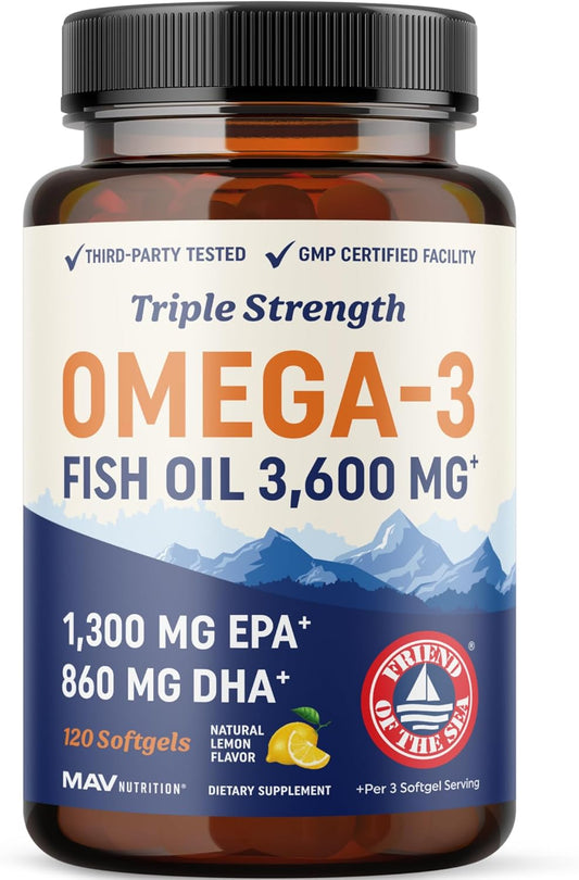Triple Strength DHA Omega 3 Fish Oil 3600 mg | Over 2100mg Omega-3 Fatty Acids with 860mg of DHA | 1300mg EPA | Best Essential Fatty Acids | Premium Wild Caught & Burpless Fish Oil | 120 ct.