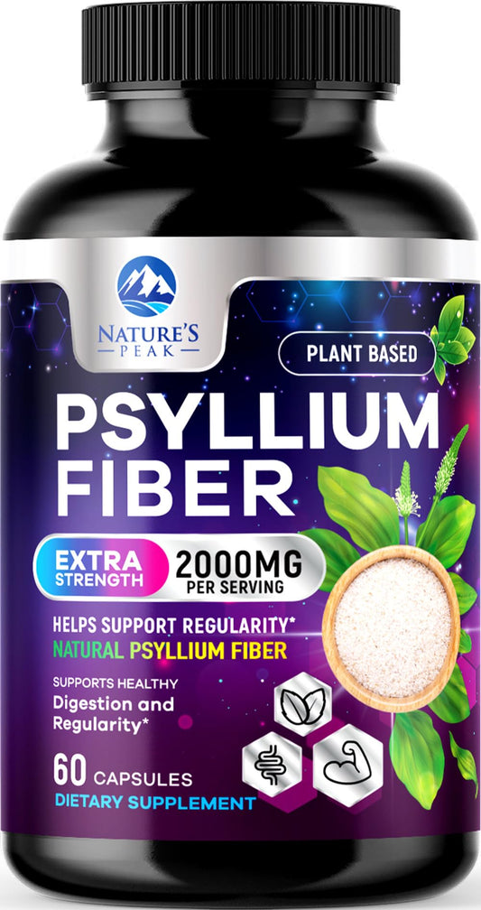 Psyllium Husk Fiber Supplement 1500mg - Vegan Prebiotic, Soluble Fiber for Daily Digestive Health & Regularity Support, Natural Psyllium Powder Caps, Sugar-Free, Non-GMO & Gluten-Free - 60 Capsules