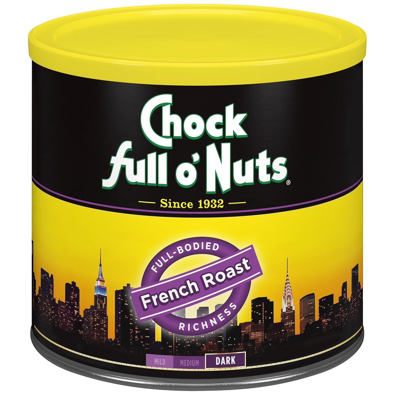 Chock Full o' Nuts New York Roast Ground Coffee – Premium Beans in Recyclable Steel Can – Rich Flavor & Aroma, Dark Roast – Perfect for Drip, Pour-Over, Percolator – 30.5 Oz Can