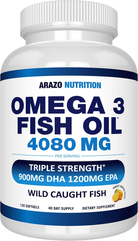 Arazo Nutrition Wild Caught Omega-3 Fish Oil Concentrate – 4,080mg per Serving – High EPA 1200mg & DHA 900mg – 120 Burpless Lemon Softgels