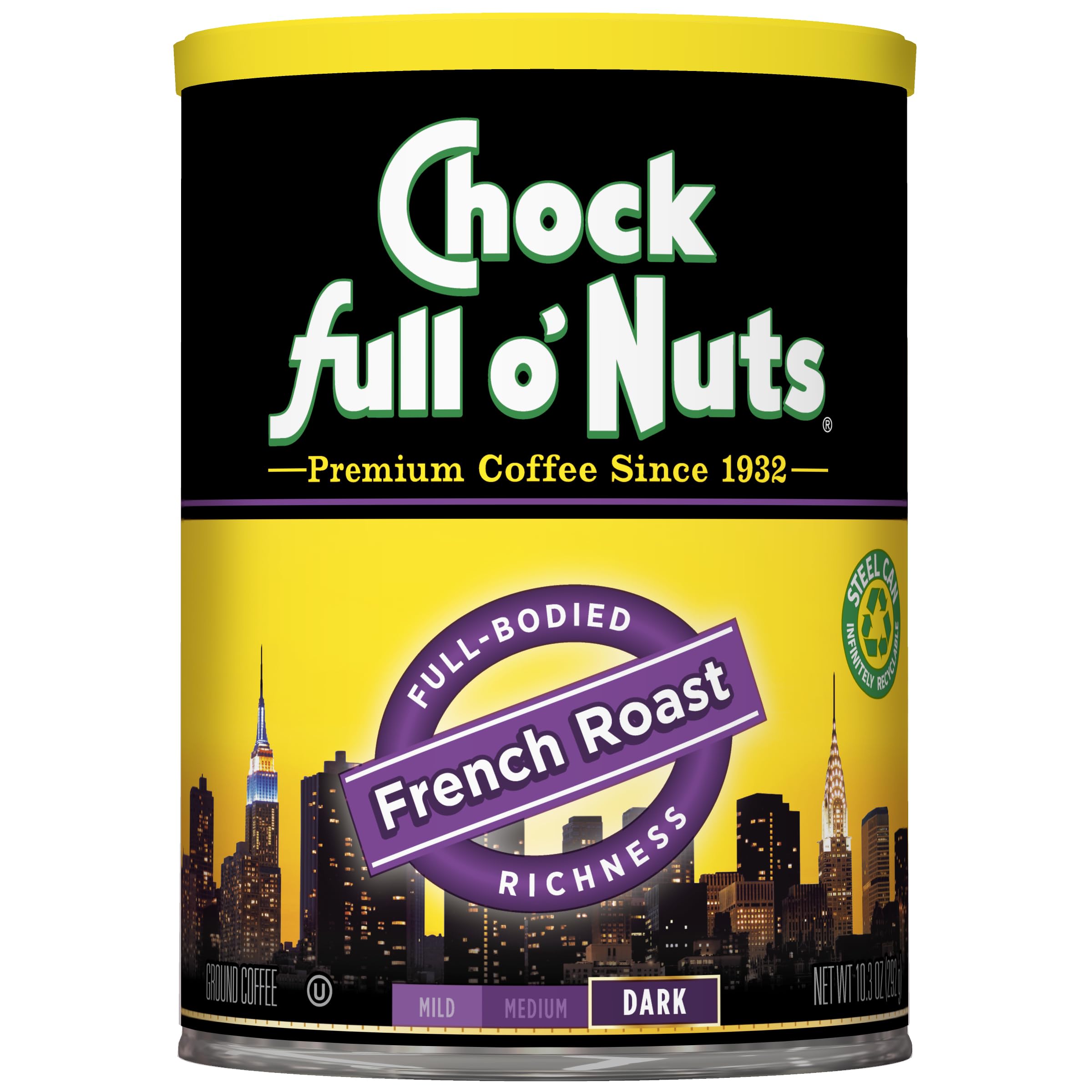 Chock Full o' Nuts New York Roast Ground Coffee – Premium Beans in Recyclable Steel Can – Rich Flavor & Aroma, Dark Roast – Perfect for Drip, Pour-Over, Percolator – 30.5 Oz Can