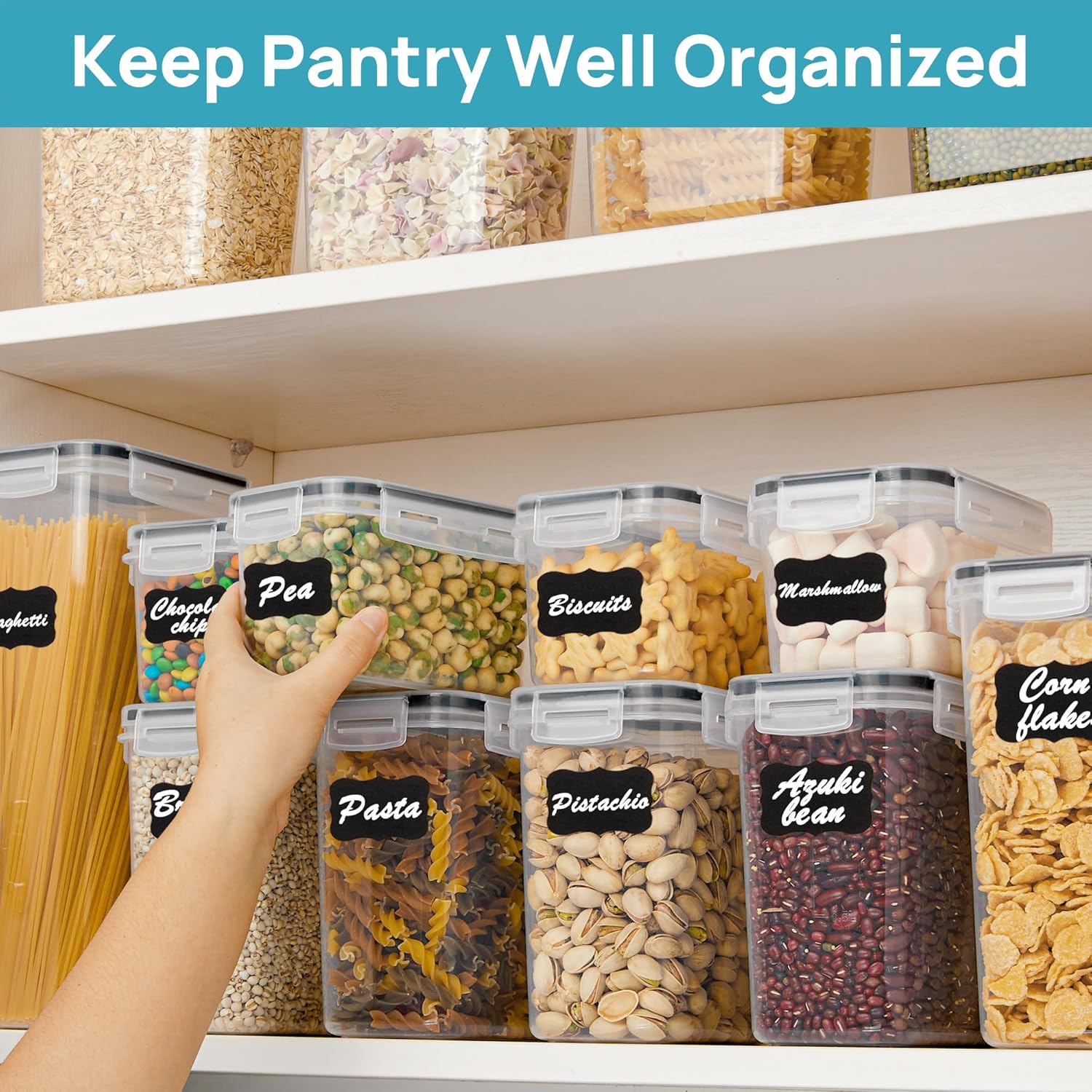 Airtight Food Storage Containers with Lids, Vtopmart 24 pcs Plastic Kitchen and Pantry Organization Canisters for Cereal, Dry Food, Flour and Sugar, BPA Free, Includes 24 Labels，Black