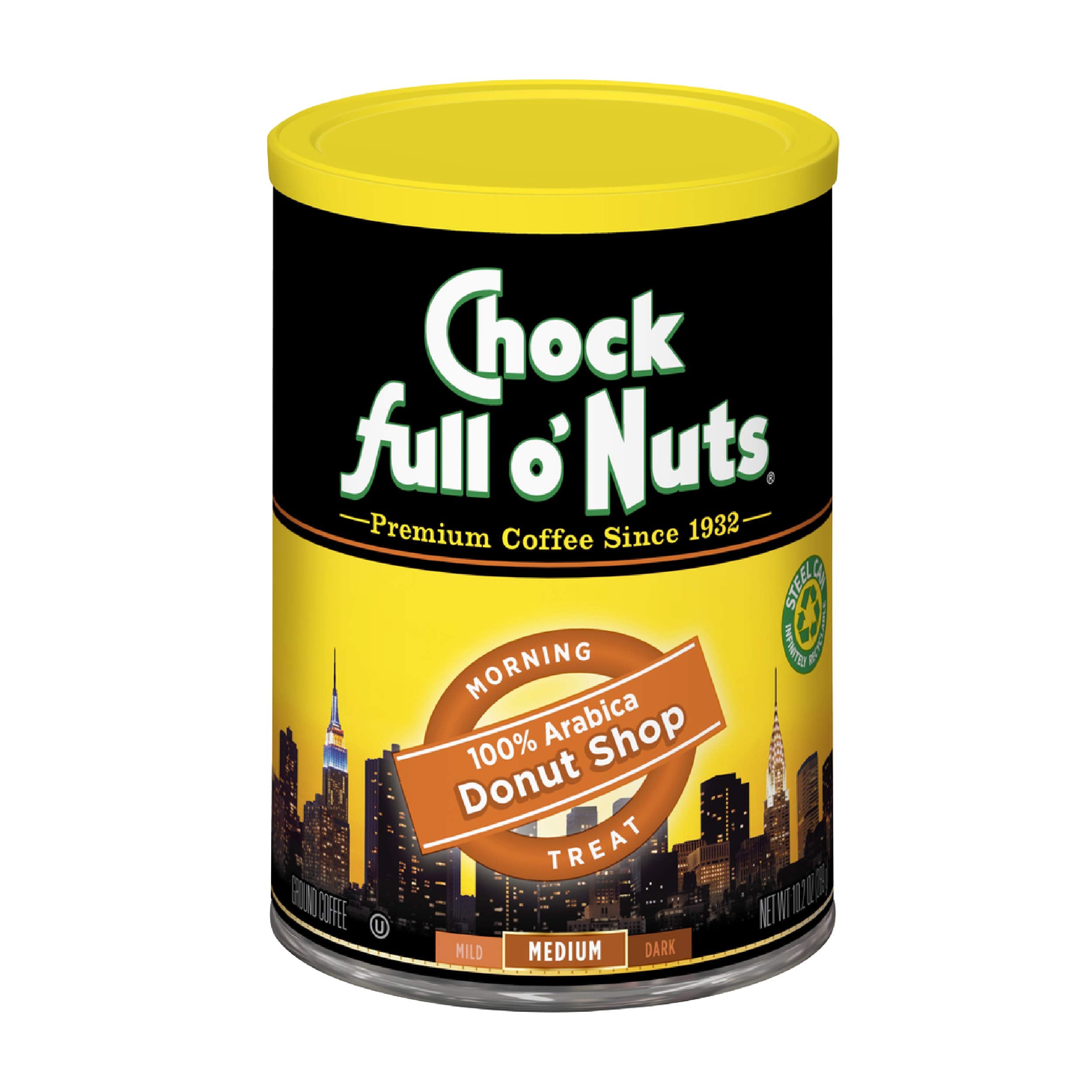 Chock Full o' Nuts New York Roast Ground Coffee – Premium Beans in Recyclable Steel Can – Rich Flavor & Aroma, Dark Roast – Perfect for Drip, Pour-Over, Percolator – 30.5 Oz Can