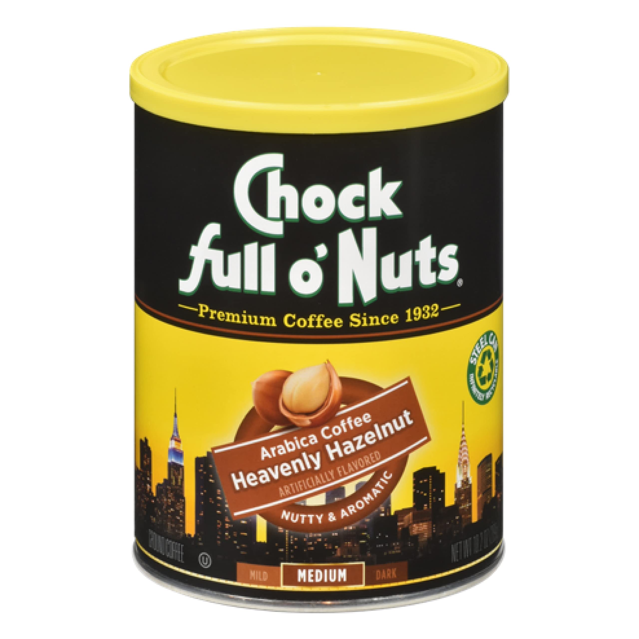 Chock Full o' Nuts New York Roast Ground Coffee – Premium Beans in Recyclable Steel Can – Rich Flavor & Aroma, Dark Roast – Perfect for Drip, Pour-Over, Percolator – 30.5 Oz Can