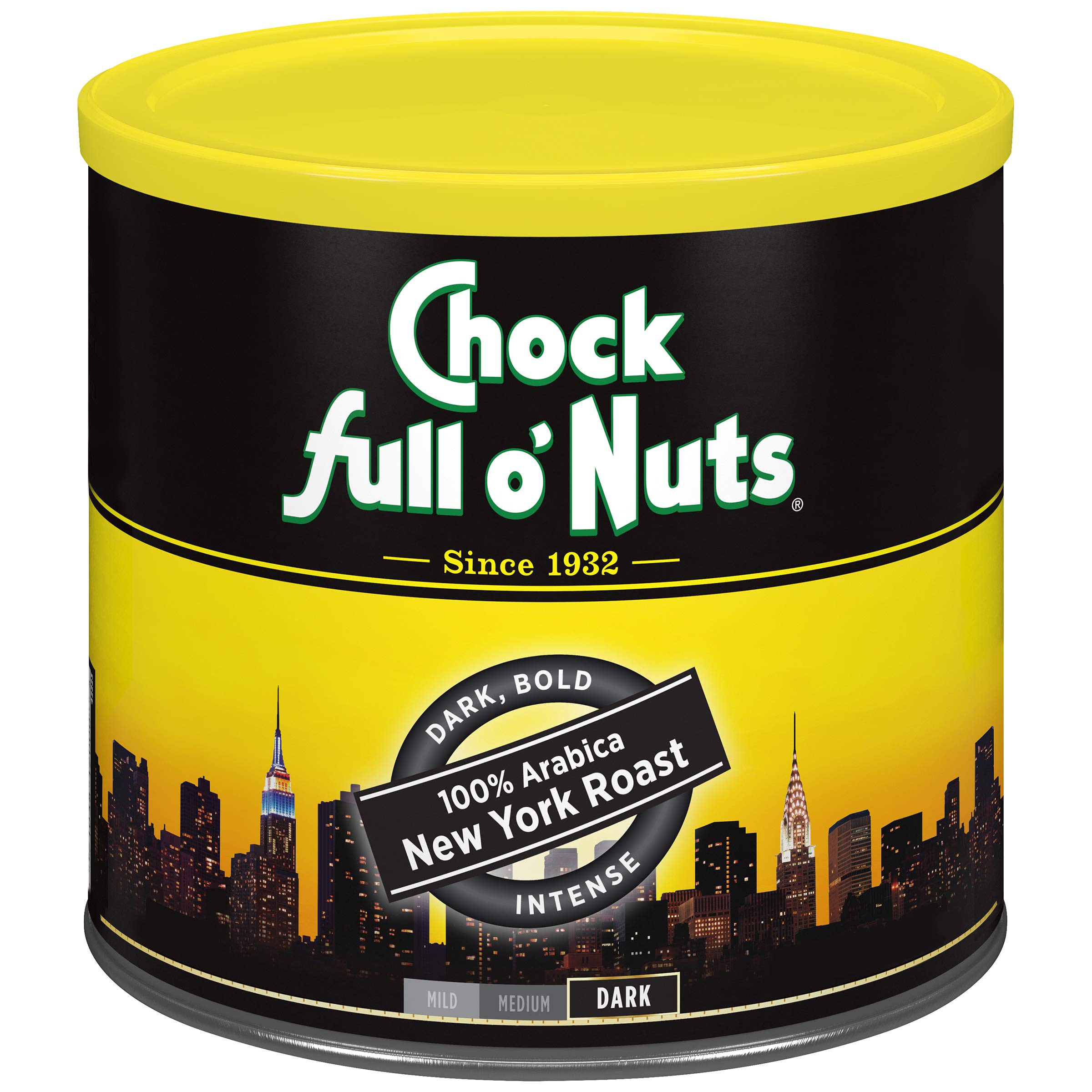 Chock Full o' Nuts New York Roast Ground Coffee – Premium Beans in Recyclable Steel Can – Rich Flavor & Aroma, Dark Roast – Perfect for Drip, Pour-Over, Percolator – 30.5 Oz Can