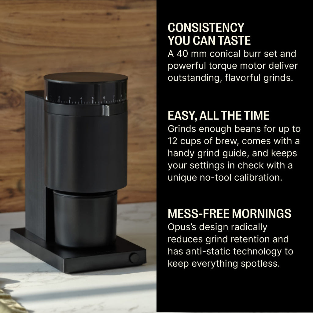 Fellow Opus Conical Burr Coffee Grinder - All Purpose Electric - Espresso Grinder with 41 Settings for Drip, French Press, & Cold Brew - Matte Black