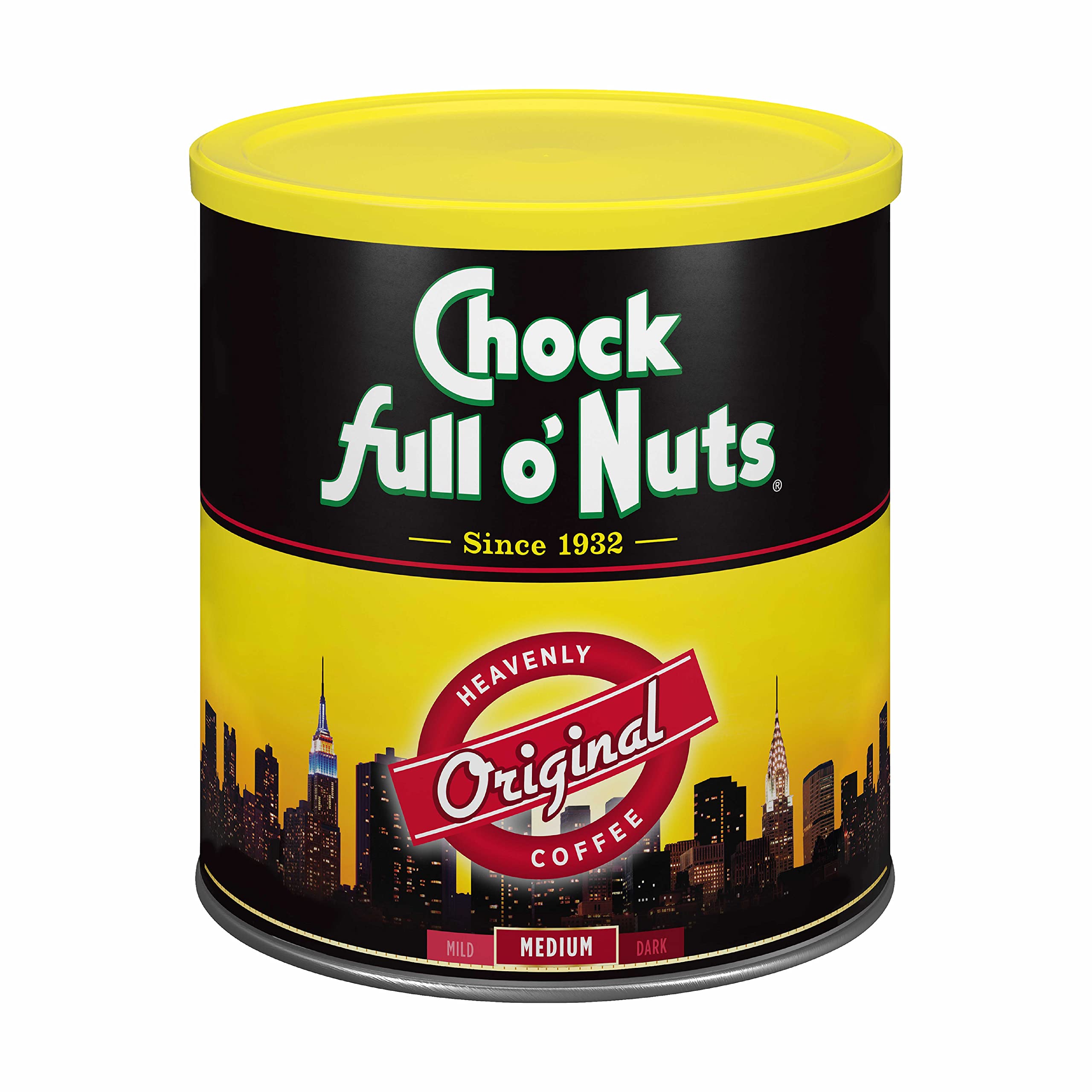 Chock Full o' Nuts New York Roast Ground Coffee – Premium Beans in Recyclable Steel Can – Rich Flavor & Aroma, Dark Roast – Perfect for Drip, Pour-Over, Percolator – 30.5 Oz Can