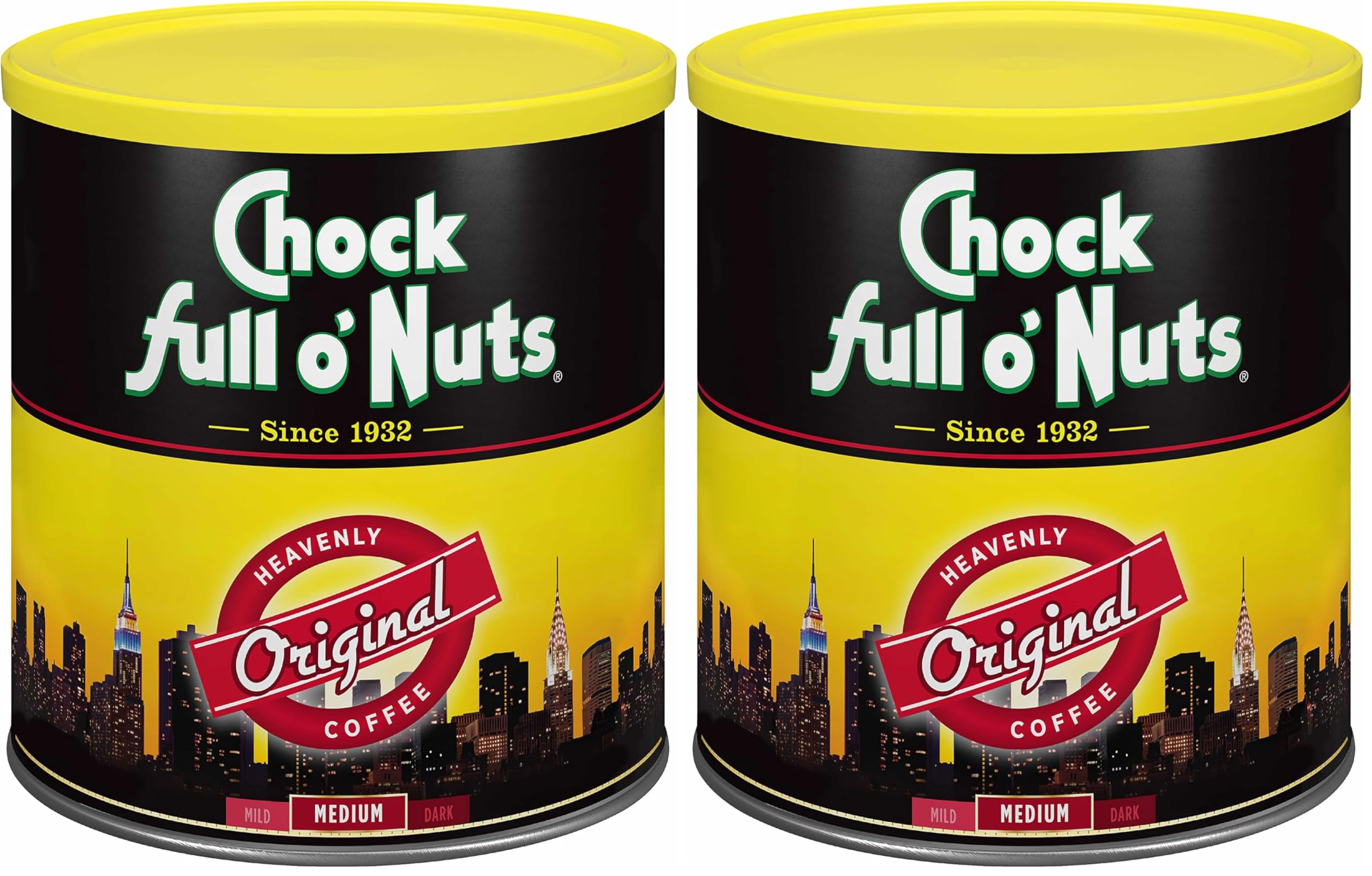 Chock Full o' Nuts New York Roast Ground Coffee – Premium Beans in Recyclable Steel Can – Rich Flavor & Aroma, Dark Roast – Perfect for Drip, Pour-Over, Percolator – 30.5 Oz Can