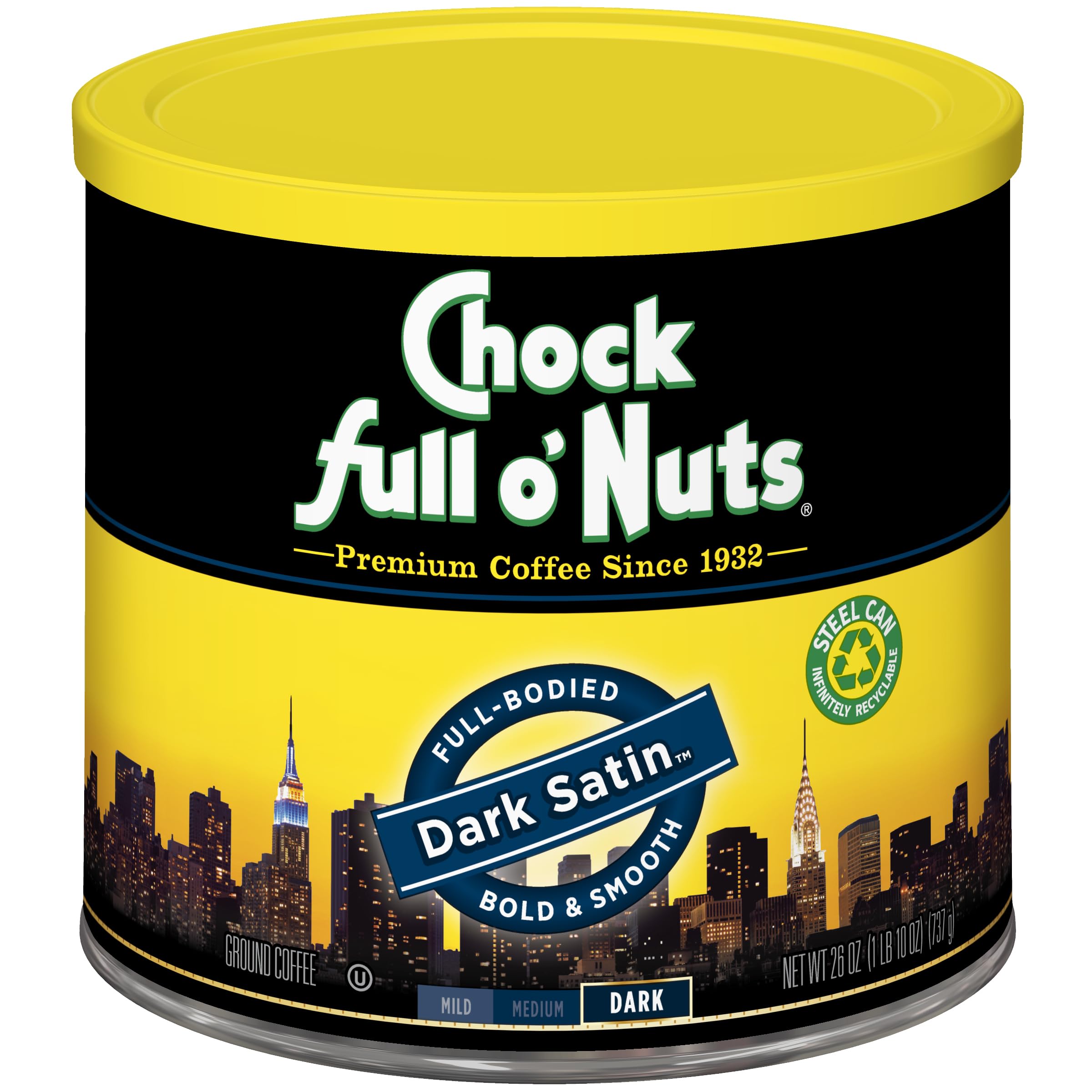 Chock Full o' Nuts New York Roast Ground Coffee – Premium Beans in Recyclable Steel Can – Rich Flavor & Aroma, Dark Roast – Perfect for Drip, Pour-Over, Percolator – 30.5 Oz Can