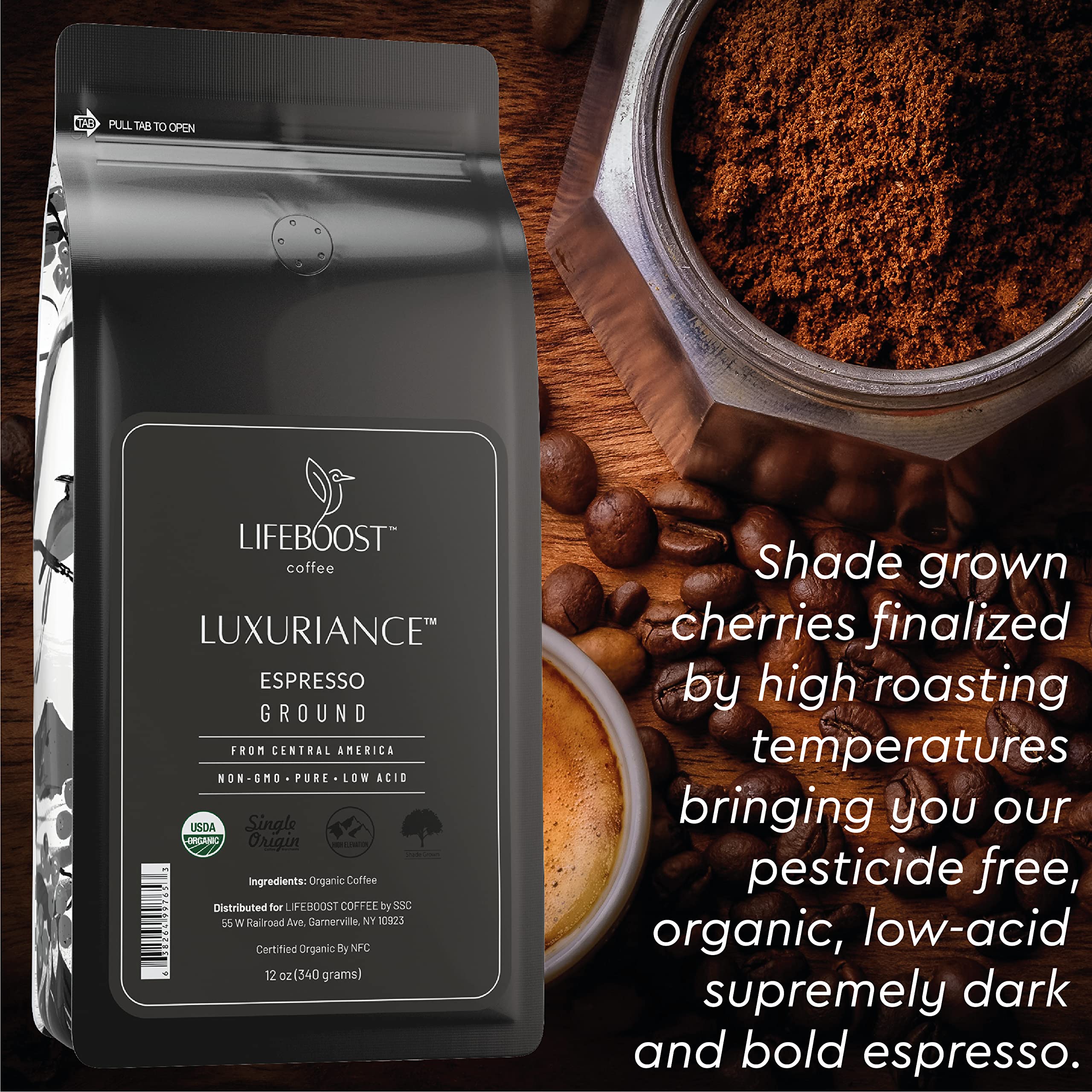 Lifeboost Organic Espresso Ground Coffee - Non-GMO Low Acid Single Origin USDA Shade Grown Organic Espresso Coffee - Third Party Tested For Mycotoxins & Pesticides 12oz Bag